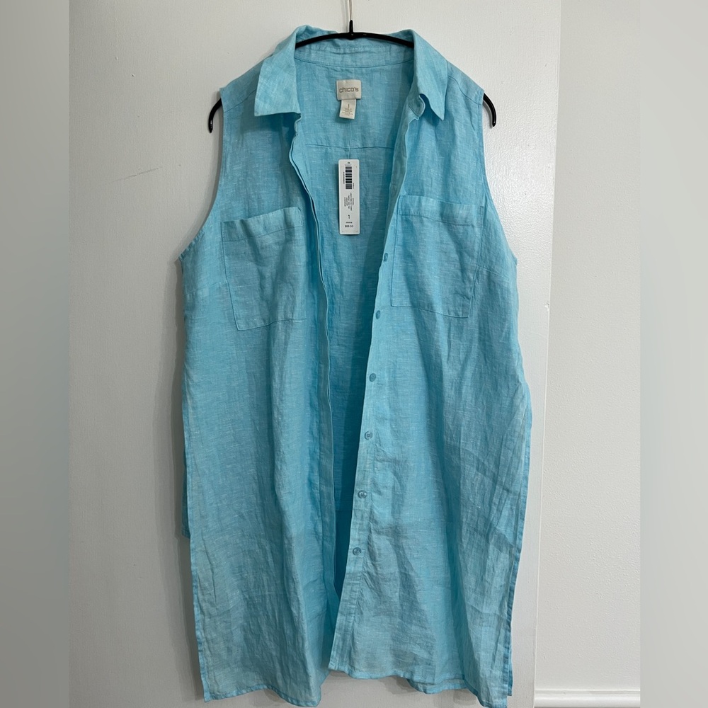 CHICO’S 100% Linen Side Slit Shirt Aquatint